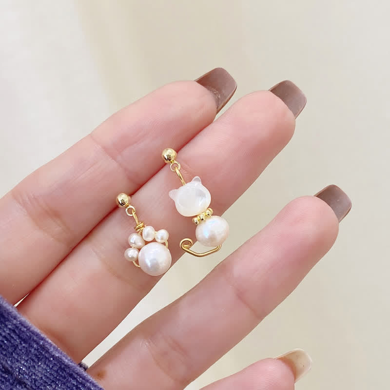 Buddha Stones Cute Cat Paw Pearl Wisdom Stud Drop Earrings Earrings BS 1