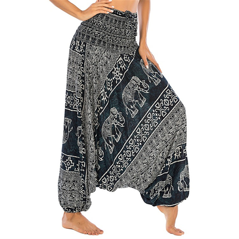 Buddha Stones Two Style Wear Elephant Pattern Loose Smocked Harem Trousers Jumpsuit Women's Yoga Pants Harem Pants&Bodysuit BS Black Elephant(Waist 60-100cm)