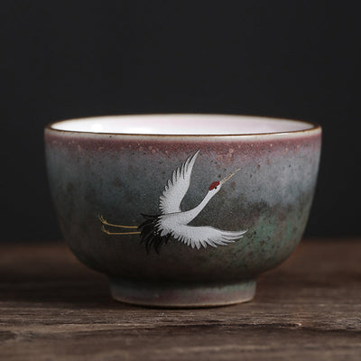 Buddha Stones Auspicious Crane Ceramic Teacup Kung Fu Tea Cup Bowl Cup BS 7.5cm*4.6cm*110ml