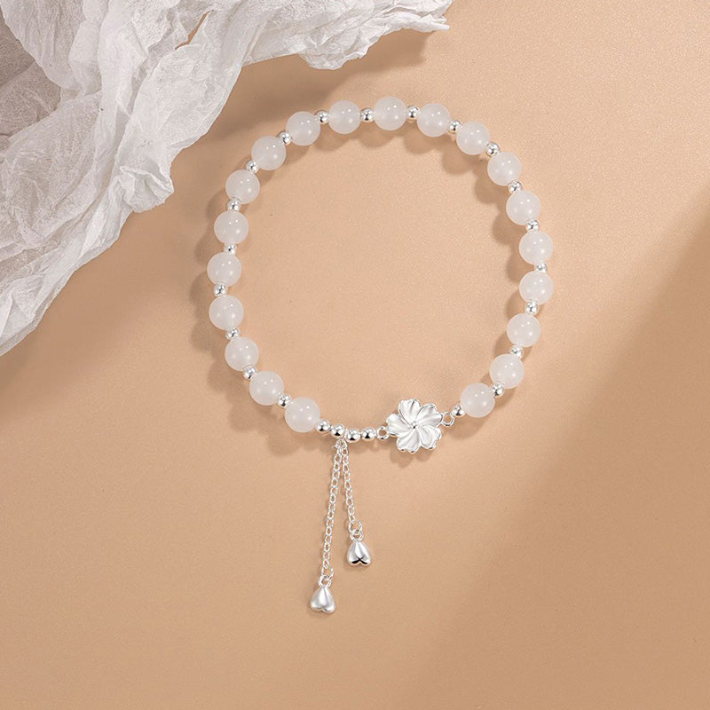 Buddha Stones White Jade Peach Blossom Petals Flower Luck Bracelet Bracelet BS 2
