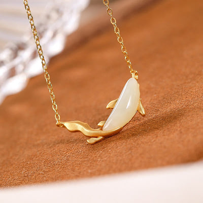 Buddha Stones 925 Sterling Silver White Jade Dolphin Luck Necklace Pendant Necklaces & Pendants BS 2