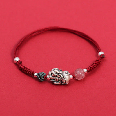 Buddha Stones 999 Sterling Silver PiXiu Strawberry Quartz Bead Wealth Luck Braided Bracelet Bracelet BS Red Rope(Wrist Circumference 14-19cm)