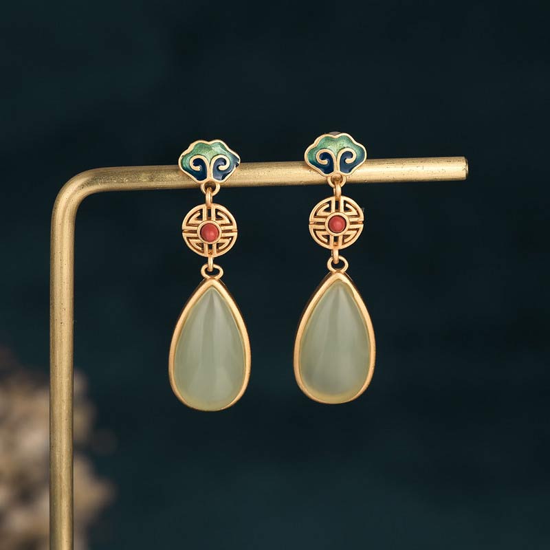 Buddha Stones FengShui Jade Double Happiness Fortune Earrings Earrings BS Jade