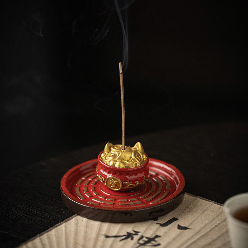 Buddha Stones Small Treasure Bowl Lucky Bag Bagua Tray Healing Ceramic Stick Incense Burner Decoration Incense Burner BS 13