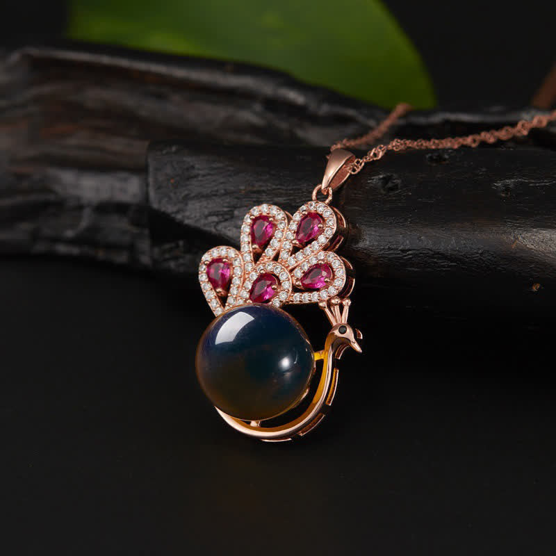 Buddha Stones Peacock Amber Fortune Love Necklace Pendant Ring Necklaces & Pendants BS 2