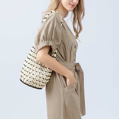 Buddha Stones Hand-woven Wooden Beads Bucket Shoulder Bag Handbag Handbags BS 14