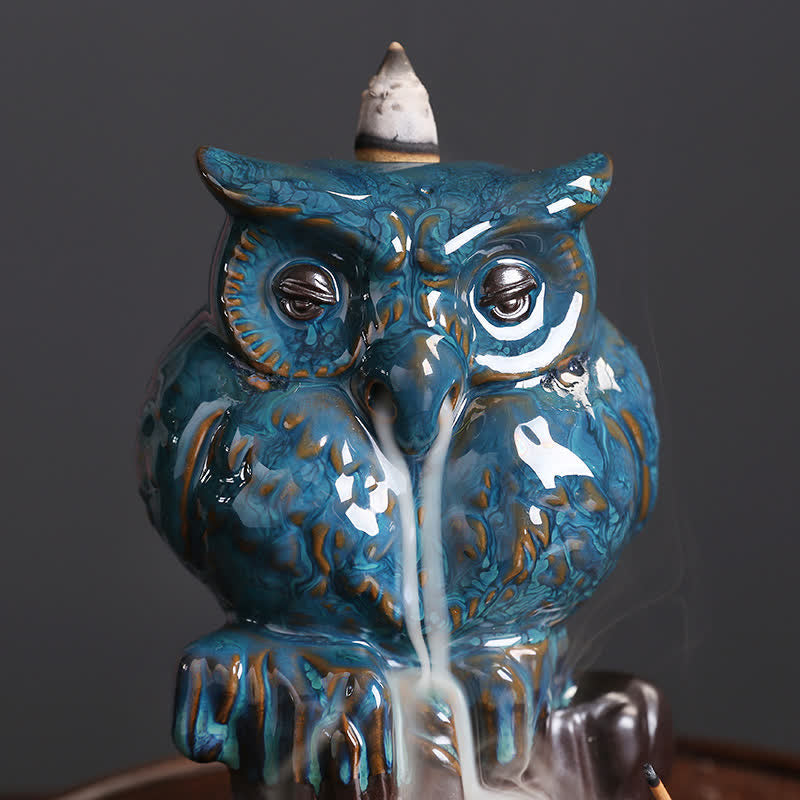 Buddha Stones Cute Owl Ceramic Backflow Smoke Fountain Meditation Healing Incense Burner Decoration Incense Burner BS 2