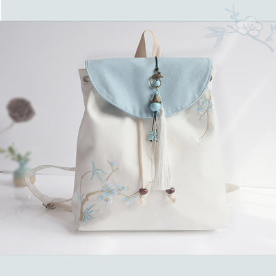 Buddha Stones Handmade Embroidered Large Capacity Canvas Backpack Backpack BS Plum Blossom Bamboo