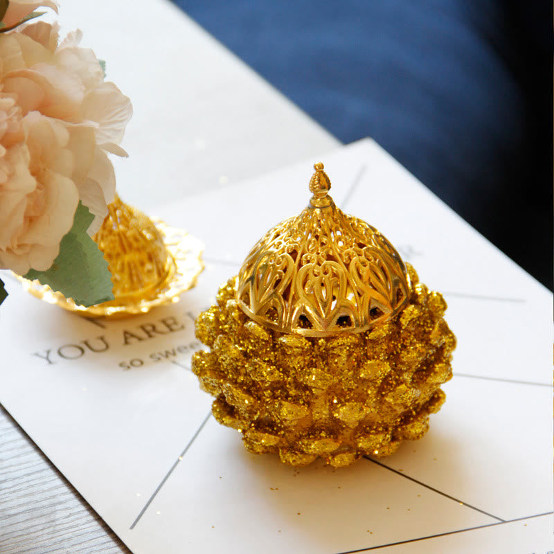Buddha Stones Gold Pine Cone Pattern Spiritual Rituals Mini Incense Burner Home Tabletop Decor Incense Burner BS 12