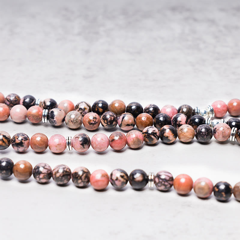 Buddha Stones 108 Mala Beads Rhodonite Lotus Compassion Energy Bracelet Mala Bracelet BS 3