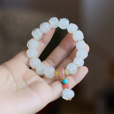 Buddha Stones Liuli Glass Bead Lotus Design Fluorite Ivory Fruit Dancing Lion Charm Enlightenment Bracelet Bracelet BS 7