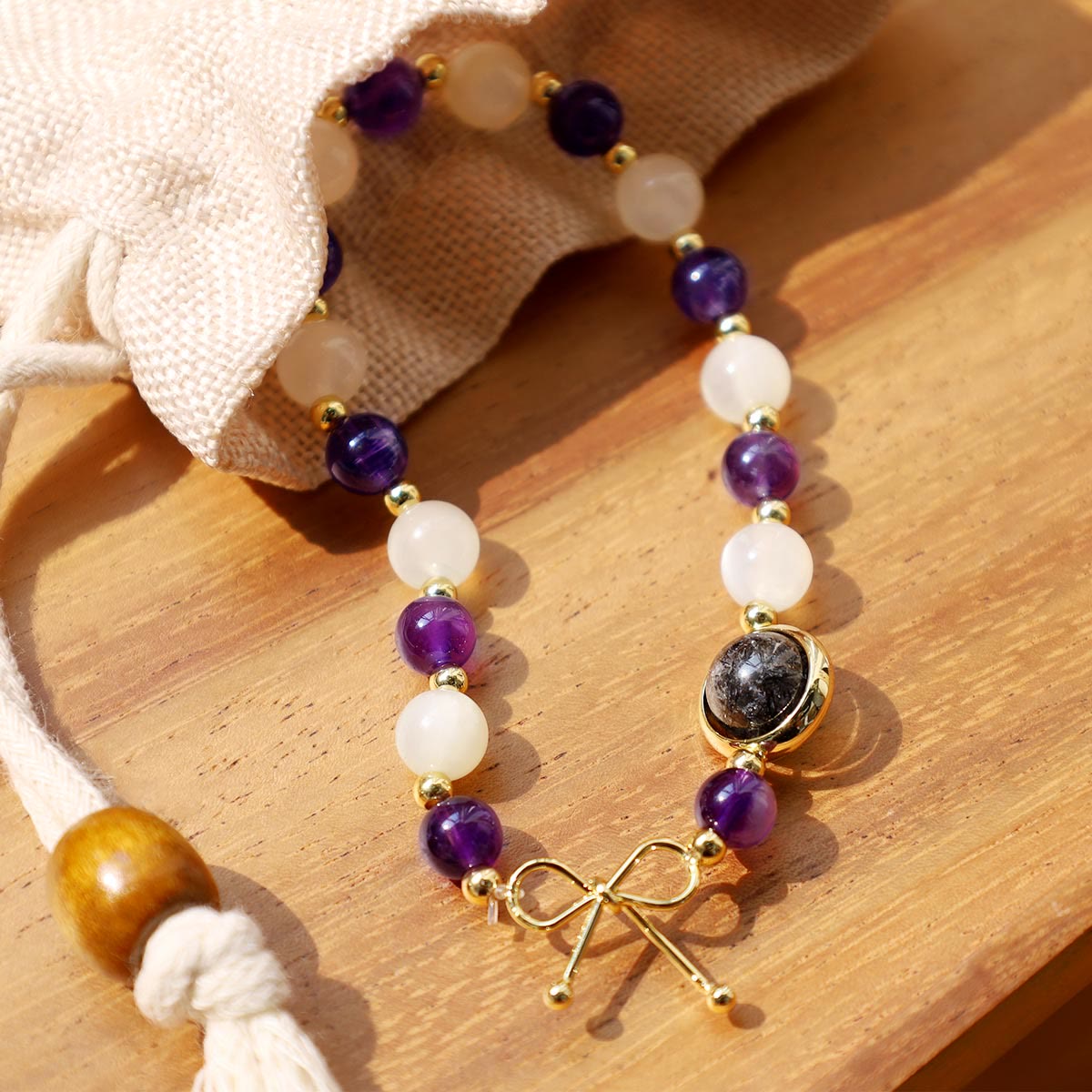 Buddha Stones Amethyst Cat Eye Black Rutilated Quartz Spiritual Bead Bracelet Bracelet BS 2
