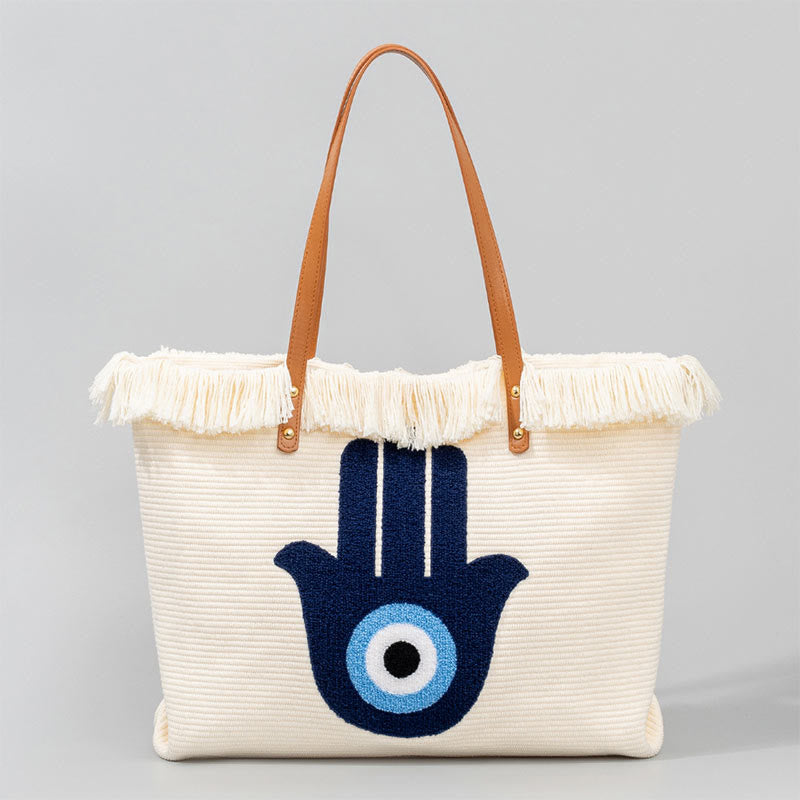 Buddha Stones Large Capacity Evil Eye Leaf Hamsa Tassel Canvas Tote Shoulder Bag Shoulder Bag BS Hamsa 50*10*35cm