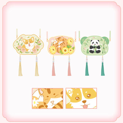 Buddha Stones Embroidery Lucky Panda Cat Shiba Inu Deer Rabbit Fox Flower Cute Animal Hanfu Bag Crossbody Bag Shoulder Bag Bag BS 26