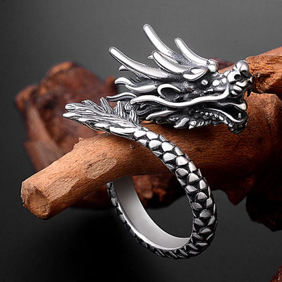 Buddha Stones 990 Sterling Silver Vintage Dragon Design Luck Protection Strength Adjustable Ring Ring BS 1