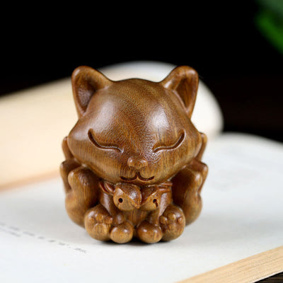 Buddha Stones Mini Nine-Tailed Fox Ivory Fruit Sandalwood Green Sandalwood Blessing Decoration Decorations BS 18