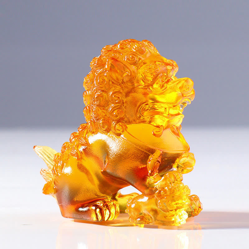 Buddha Stones Handmade Liuli Crystal Lion Art Piece Strength Home Office Decoration Decorations BS Gold