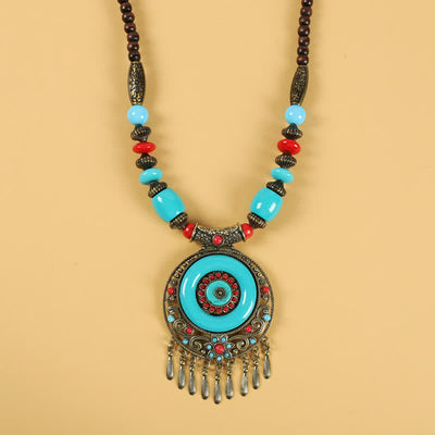Buddha Stones Tibetan Retro Beads Tassel Hair Decoration Hair Accessories Decorations BS Round Flower-Blue