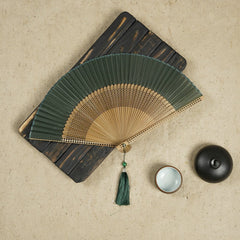 Buddha Stones Vintage Handheld Folding Fan With Bamboo Frames Folding Fan BS Green