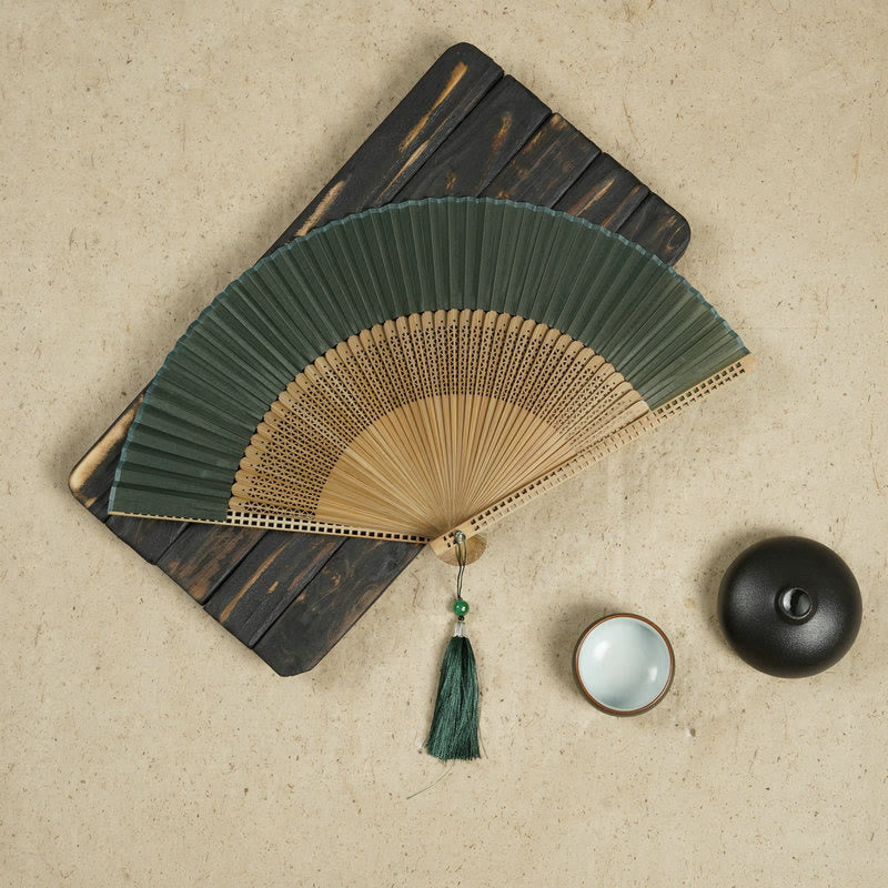 Buddha Stones Vintage Handheld Folding Fan With Bamboo Frames Folding Fan BS Green