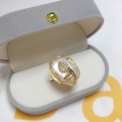 Buddha Stones Pearl Copper Plated Gold Flower Happiness Wealth Ring Ring BS 11