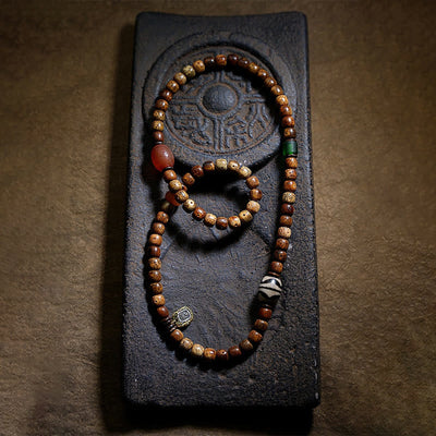 Buddha Stones Tibetan Bodhi Seed Amber Dzi Bead Agate Zakiram Goddess of Wealth Beads Triple Wrap Bracelet Bracelet BS 4