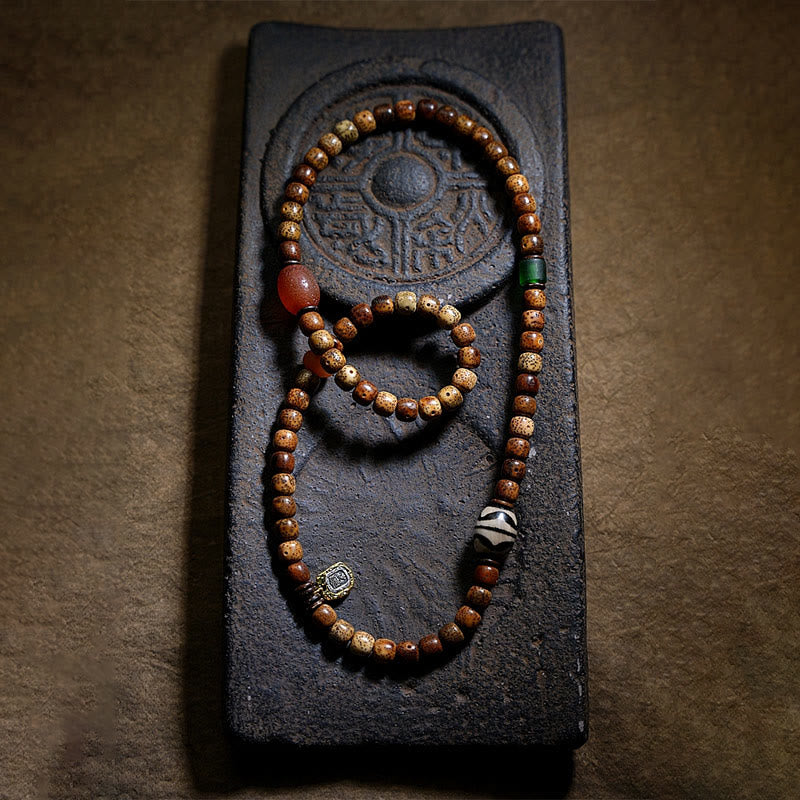 Buddha Stones Tibetan Bodhi Seed Amber Dzi Bead Agate Zakiram Goddess of Wealth Beads Triple Wrap Bracelet Bracelet BS 4