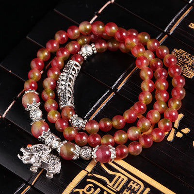 Buddha Stones Natural Watermelon Tourmaline PiXiu Elephant Positive Triple Wrap Bracelet Bracelet BS 8