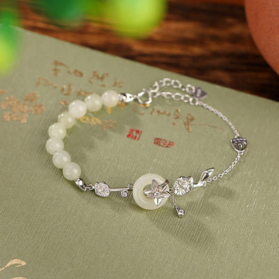 Buddha Stones 925 Sterling Silver Hetian Jade Peace Buckle Lotus Luck Chain Bracelet Bracelet BS 925 Sterling Silver(Wrist Circumference 14-17cm)