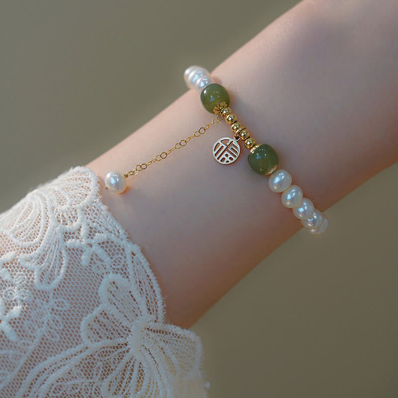 Buddha Stones Natural Pearl Hetian Jade Happiness Wisdom Bead Bracelet Bracelet BS Pearl(Healing♥Wisdom)