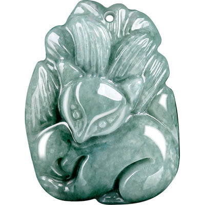 Buddha Stones Natural Green Jade Nine-Tailed Fox Engraved Prosperity Necklace Pendant Necklaces & Pendants BS 11