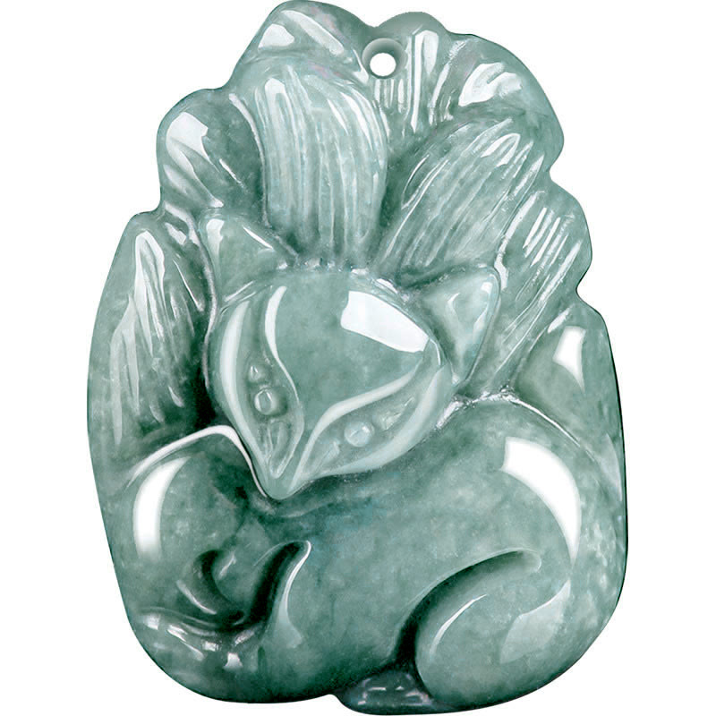 Buddha Stones Natural Green Jade Nine-Tailed Fox Engraved Prosperity Necklace Pendant Necklaces & Pendants BS 11