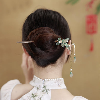 Buddha Stones Flower Leaf Pearl Peace Tassel Hairpin Hairpin BS Flower&Leaf
