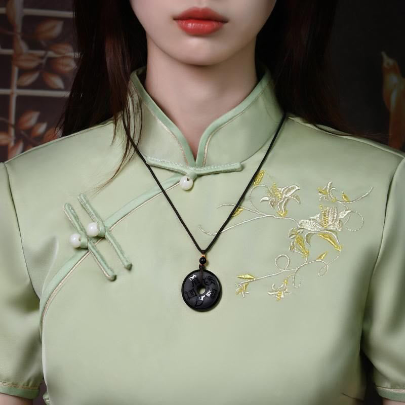 Buddha Stones Black Obsidian Taoism Five Sacred Mountains Carved Strength Peace Buckle Necklace Pendant Key Chain Phone Hanging Decoration Necklaces & Pendants BS 2