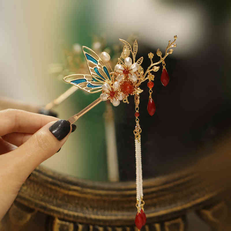 Foviel Klassische chinesische Stil Blume sz. Schmetterling Pearlagil Haar Clip Haarnadel Haar Krone