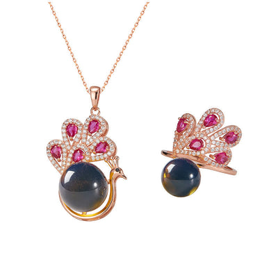 Buddha Stones Peacock Amber Fortune Love Necklace Pendant Ring Necklaces & Pendants BS 6
