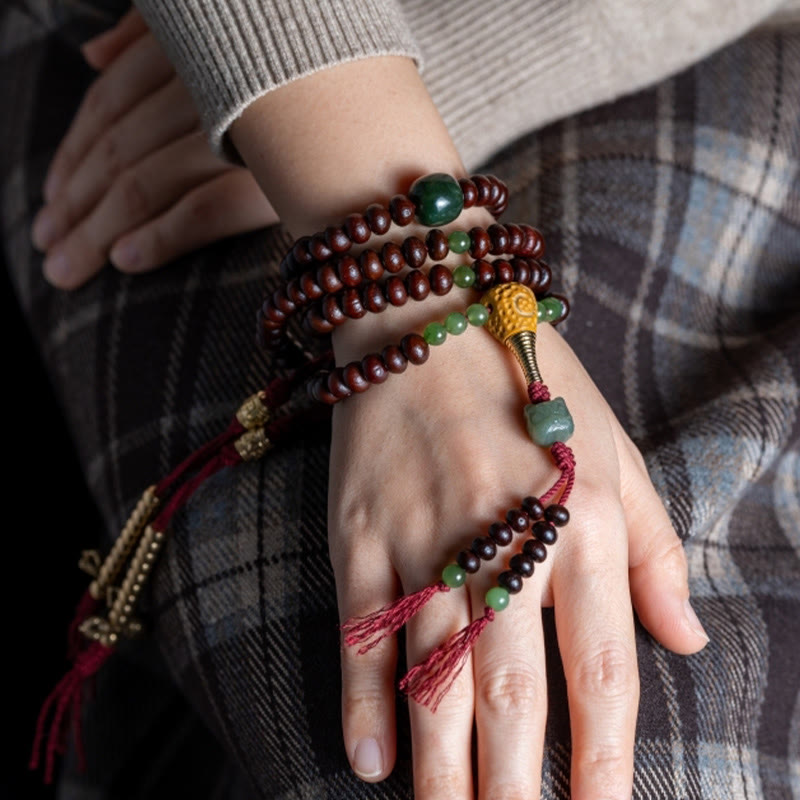 Buddha Stones Natural Tibet 108 Mala Beads Purple Bodhi Seed Hetian Cyan Jade Copper Dorje Peace Bracelet Mala Bracelet BS 12