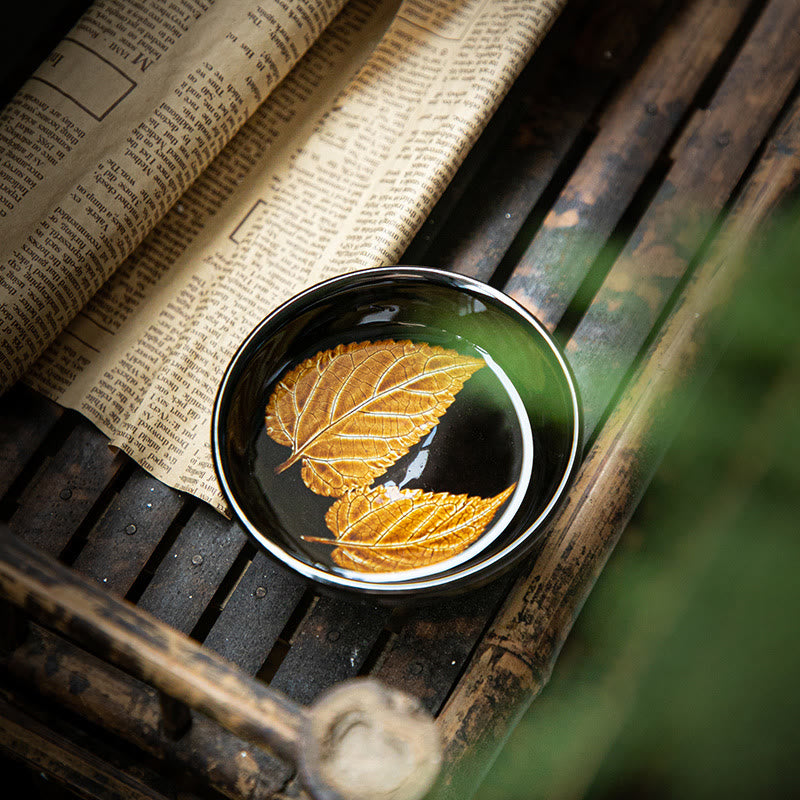Buddha Stones Gold Maple Leaf Chinese Jianzhan Ceramic Teacup Tenmoku Kung Fu Tea Cup Bowl Jian Zhan Tea Cup BS 3