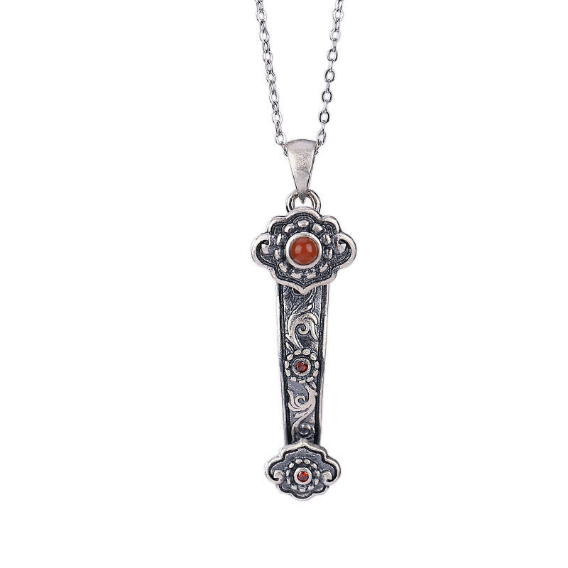 Buddha Stones 925 Sterling Silver Red Agate Cyan Jade Auspicious Clouds Ruyi Handle Blessing Necklace Pendant Necklaces & Pendants BS 6