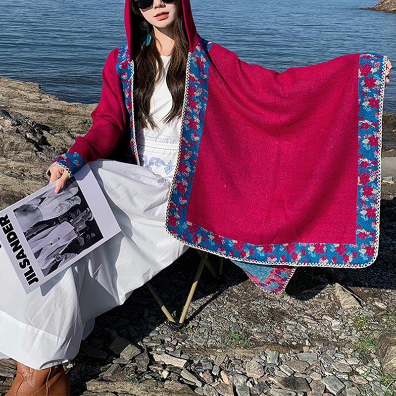 Buddha Stones Tibetan Shawl Border Small Floral Flower Hooded Cloak Winter Cozy Travel Scarf Wrap Tibetan Shawl BS 24