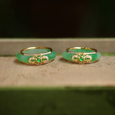 Buddha Stones 18K Gold Plated Natural Green Chalcedony Strength Ring Ring BS 1