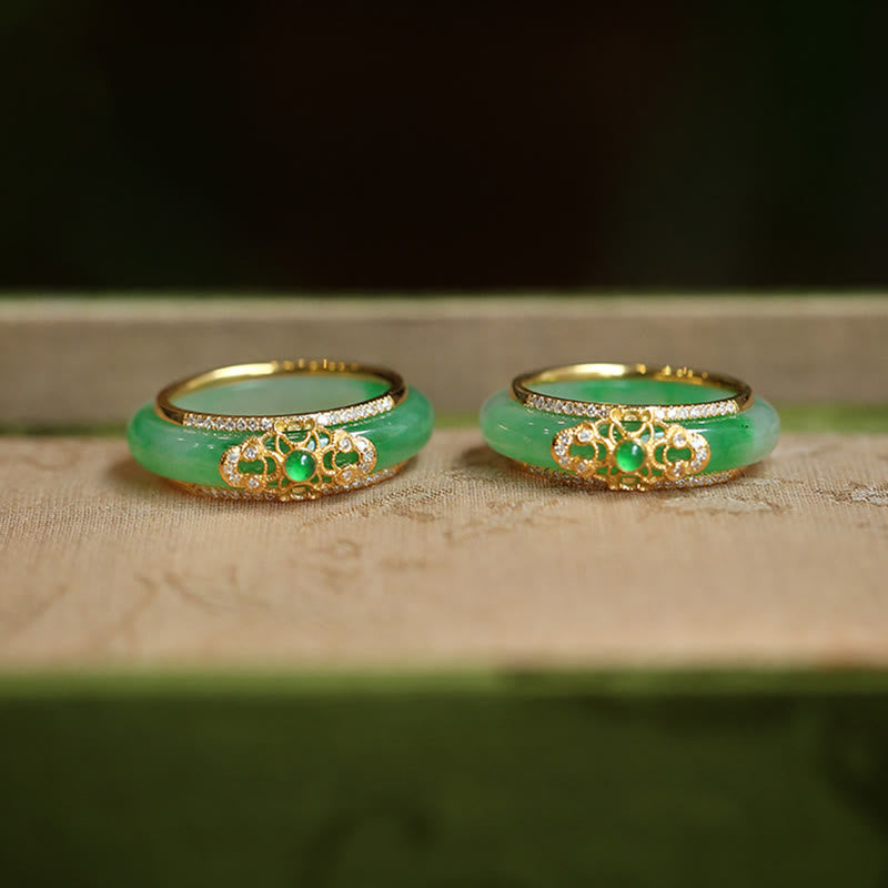 Buddha Stones 18K Gold Plated Natural Green Chalcedony Strength Ring Ring BS 1