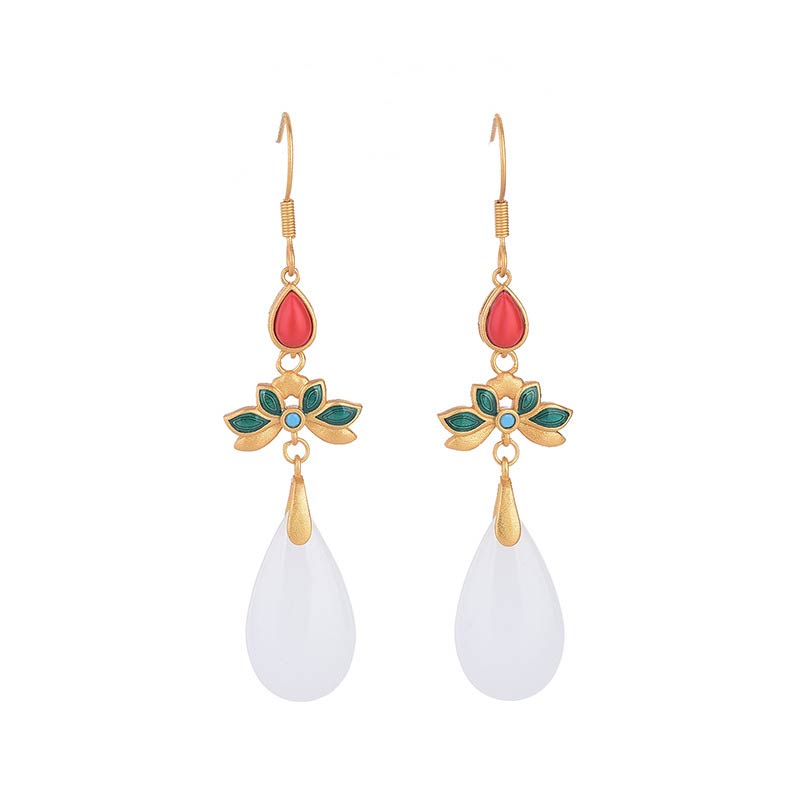 Buddha Stones FengShui White Jade Luck Drop Earrings Earrings BS 3