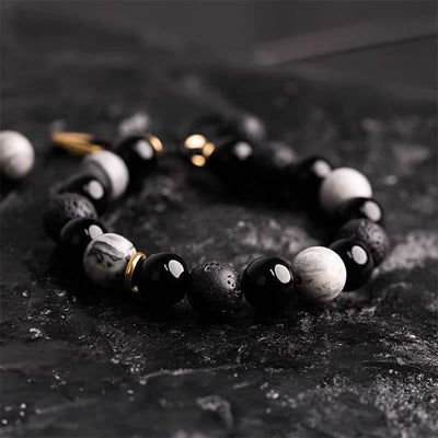 Foviel Black Obsidian Lava Rock Stone Yin Yang Strength Bracelet