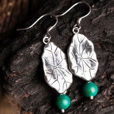 Buddha Stones 925 Sterling Silver Turquoise Lotus Leaf Protection Drop Dangle Earrings Earrings BS 1