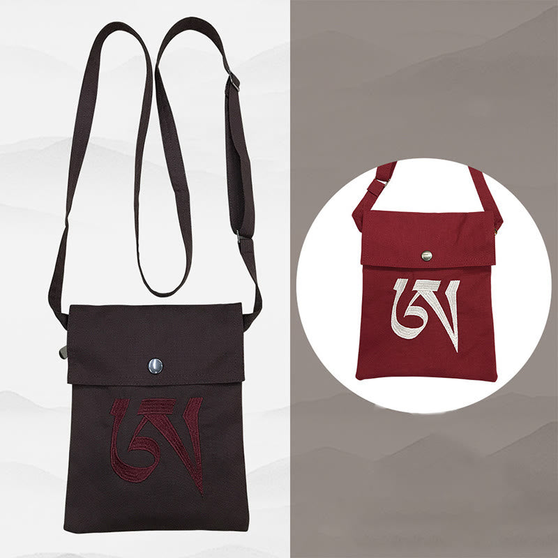 Buddha Stones Handmade OM Mantra Embroidered Spiritual Mind Practice Cotton Crossbody Bag Shoulder Bag Cellphone Bag Bag BS 9