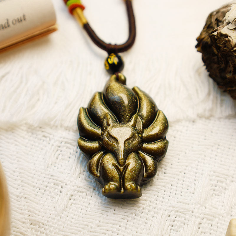 Buddha Stones Natural Rainbow Obsidian Gold Sheen Obsidian Nine Tailed Fox Positive Necklace Pendant - image 10