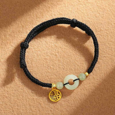 Buddha Stones 925 Sterling Silver Hetian Jade Peace Buckle Fu Character Charm Abundance Bracelet Bracelet BS Black Rope(Wrist Circumference 14-16cm)