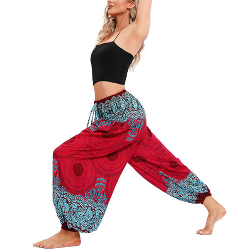 Buddha Stones Loose Circle-shaped Flowers Pattern Harem Trousers Women's Yoga Pants Women's Harem Pants BS 5