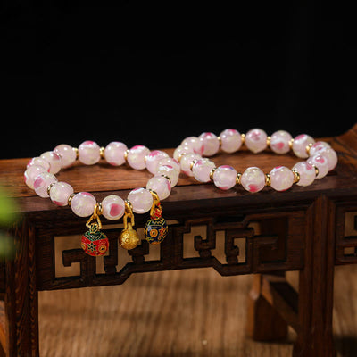 Buddha Stones Gold Swallowing Beast Family Charm Luminous Pink Love Heart Fluorescent Liuli Glass Bead Blessings Bracelet Bracelet BS 9